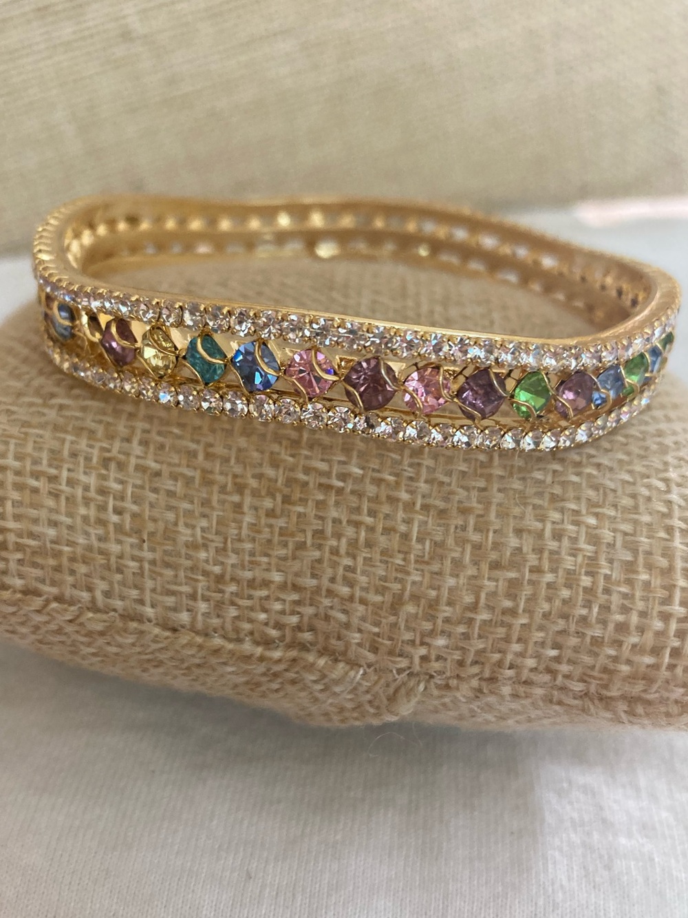 Wavy Vintage Bangle Bracelet with Multi Colored Rhinestones